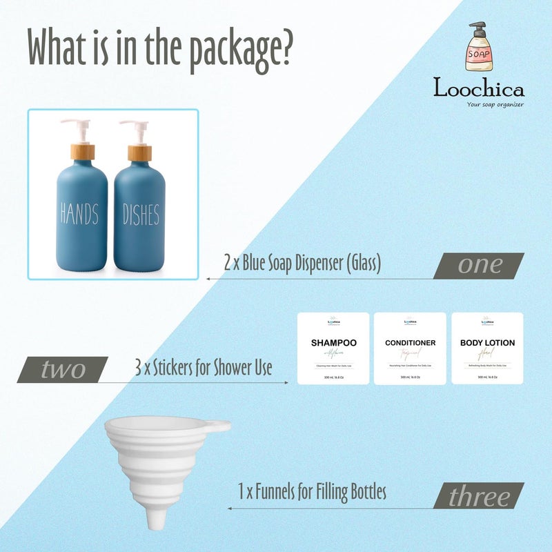 Loochica Blue 2 Pack Glass Soap Dispenser Set, Hand and Dish Glass Soap Dispensers for Kitchen Sink, Kitchen Soap Dispenser Set Suitable for Kitchen Décor - Image 4